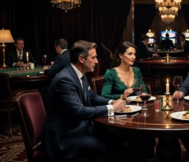Biznesowe spotkanie przy eleganckim stole w restauracji z widokiem na kasyno