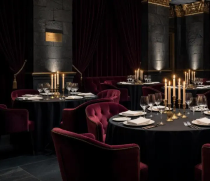 Sala restauracyjna w stylu dark glamour z okrągłymi stołami i aksamitnymi fotelami