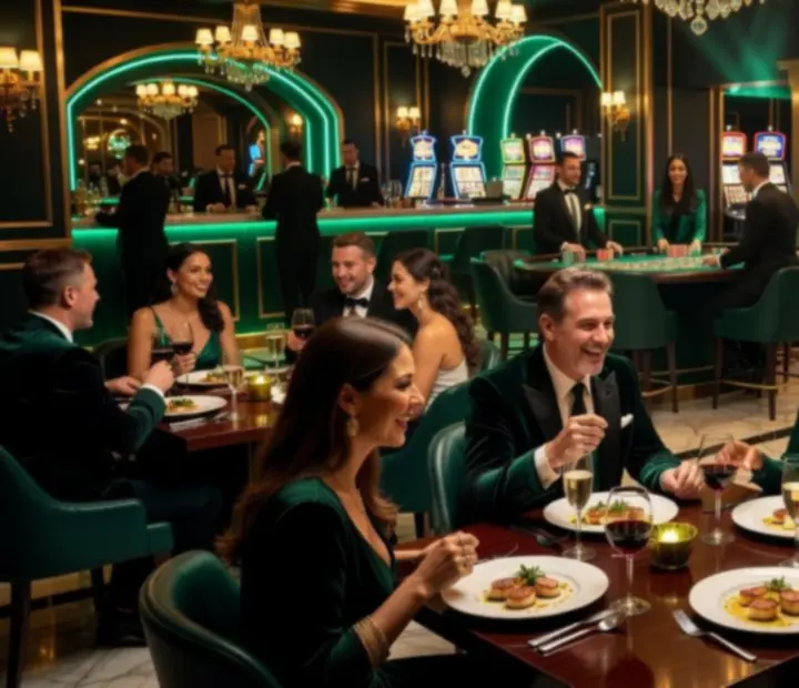 Wieczorna scena w Velvet & Royal z daniami, koktajlami i stołami do gry