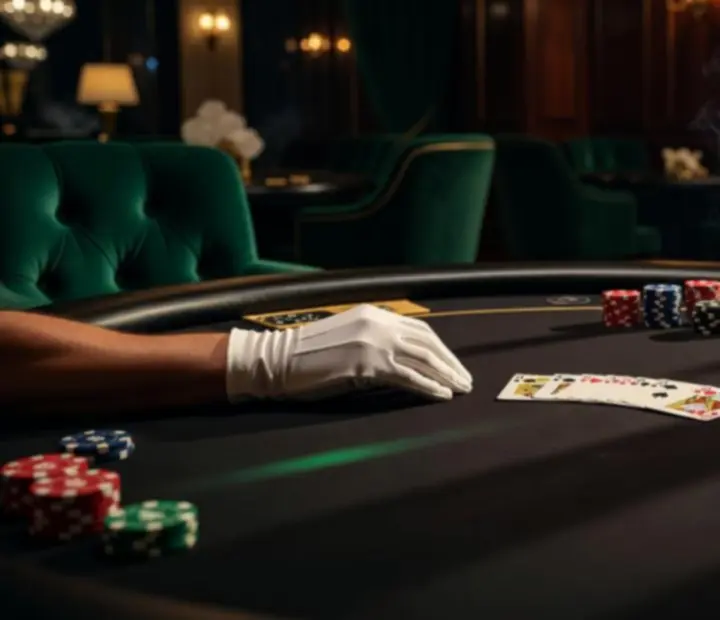 Podświetlony stół do pokera z żetonami i kartami w Velvet & Royal