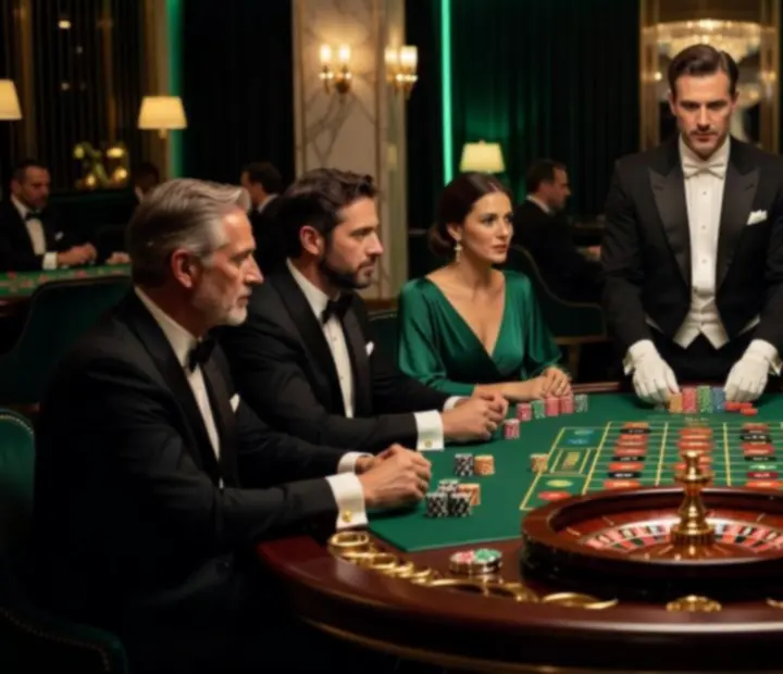 Goście VIP przy stołach do ruletki i pokera w eleganckiej strefie kasyna