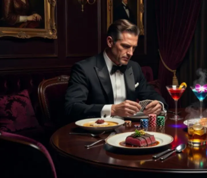 Kolaż zdjęć łączący gastronomię fine dining i atmosferę kasyna