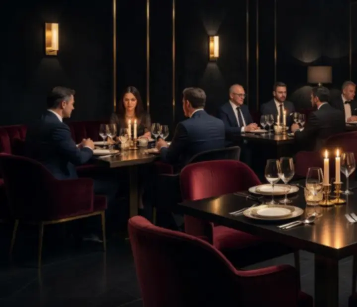 Panoramiczny widok na ciemne, luksusowe wnętrze restauracji i kasyna Menu Terrace