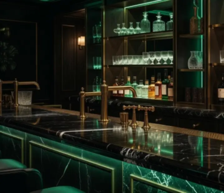 Marmurowy bar z dyskretnym neonowym podświetleniem i butelkami premium