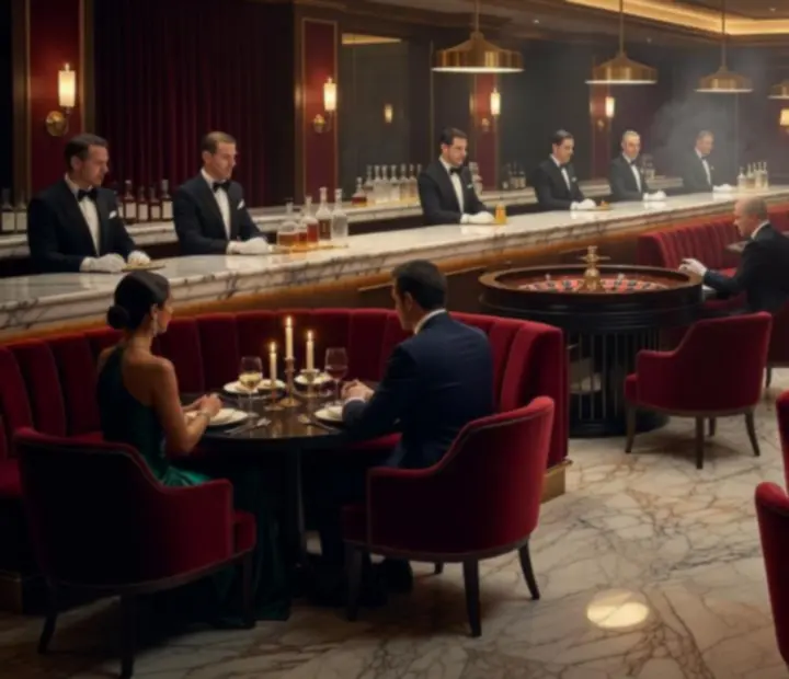 Widok eleganckiej restauracji połączonej z luksusową strefą kasyna